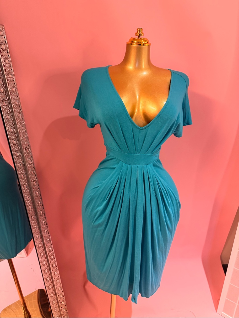 Rachel Pally Teal V-Neck Gathered Waist Dress